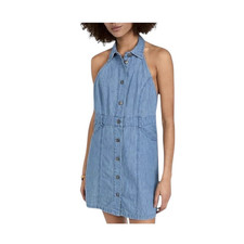 Women's Blue Denim Halter Neck Collared Button-Front Sleeveless Mini Dress M
