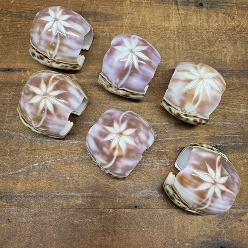 Set Of 6 Carved Cowrie Shell Napkin Rings Nautical Beach Home Flower Design