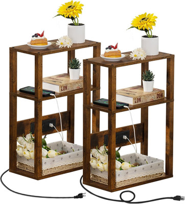 Narrow 3-Tier Wood Side Table Set with Charging Station - Set of 2