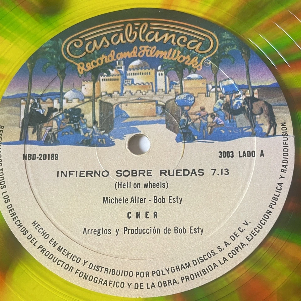 CHER -INFIERNO SOBRE RUEDAS- 1979 MEXICAN 12" SPLATTERED TRANSLUCENT  WAX, DISCO Foto 2 de 4