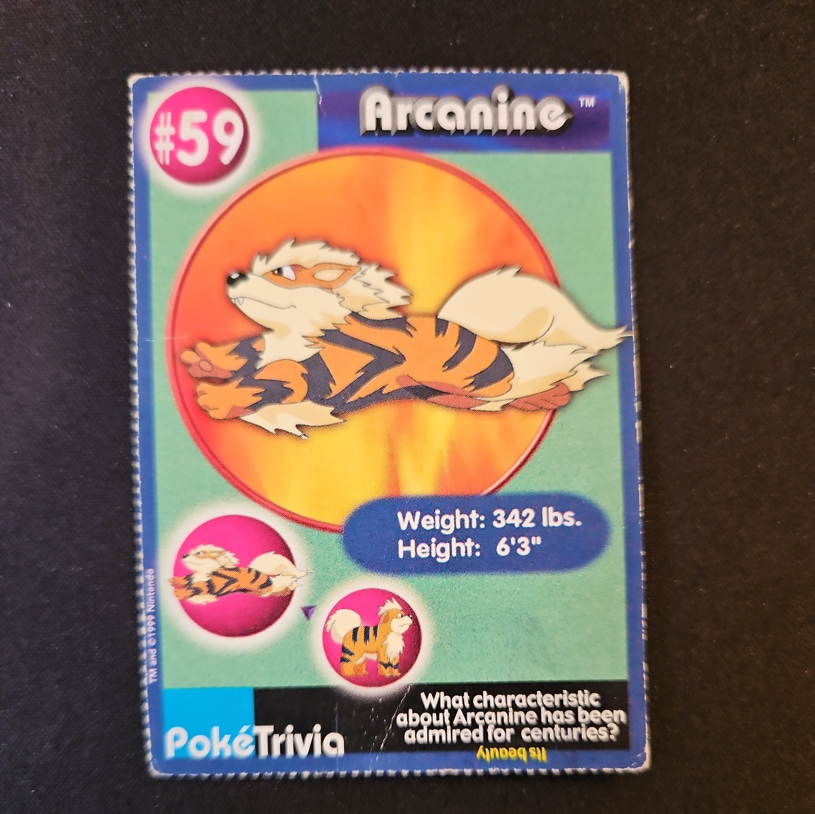Arcanine #59 Pokemon Burger King 1999 PokeTrivia Movie Card MP