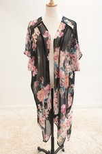 Band of Gypsies Duster Open Cardigan S Pink Floral Black Sheer Dark Romantic