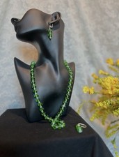 Green Faceted Round Crystal Beaded Necklace  Silver Dangle Earrings Set