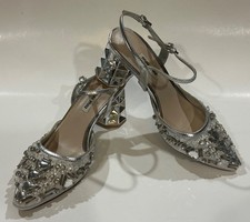 MIU MIU Italy Crystal Embellished Satin SILVER BLOCK HEEL Bride Shoes EU 35 US 5
