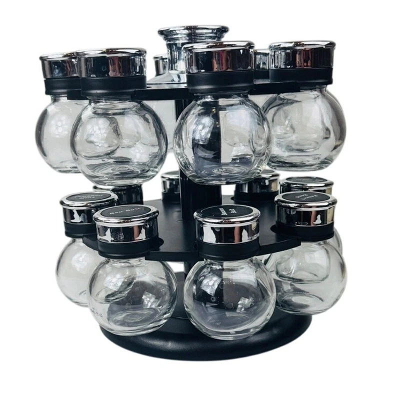 16 Jar Revolving Labeled Spice Rack, Plastic Rack & Glass Jars