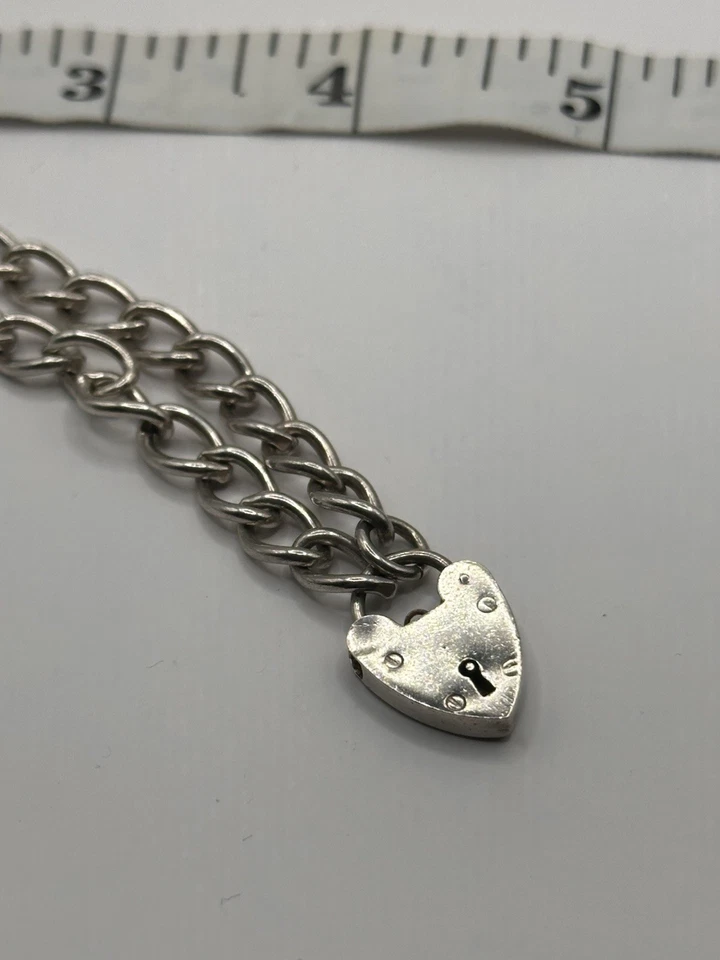 VINTAGE GEORG JENSEN Sterling Silver Charm Bracelet Heart Padlock GJLD Curb 6.5" - Image 2 of 4