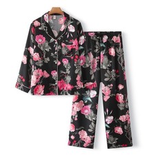 Victoria  s Secret Glazed Satin Pajama Set Black Floral Rose Size XS 2 Piece PJ