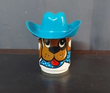 Vintage DEKA Plastic BOW WOW Dog Mug w/ Blue Hat Handle Children’s Puppy Cowboy