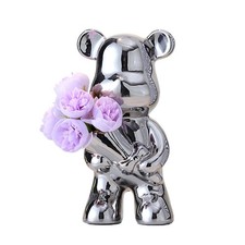 Hosoncovy Ceramic Bear Sculpture Ornament Holding Flower L, Silver 