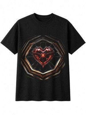 Airbrush Chrome Heart Hexagon Herren T-Shirt Retro Y2K Schwarz 100% Baumwolle 90er