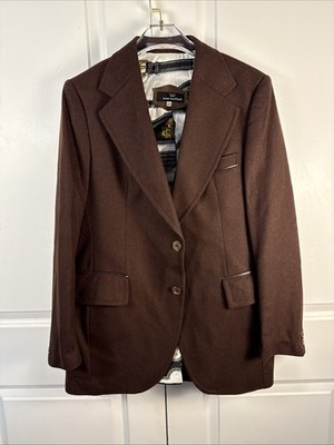 Vtg Cortefiel Wool Blazer 42 Brown Leather Trim Made In Spain