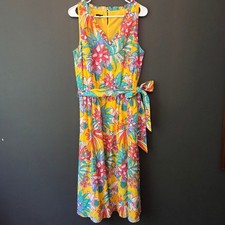 Talbots Yellow Tropical Floral Parrot Swiss Dot Midi Dress Pockets Womens 8