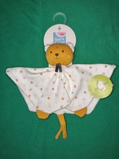 Doudou Plat Chat/Léopard/Tigre Blanc Jaune Coton Bio Attache Tétine Sucre D'orge