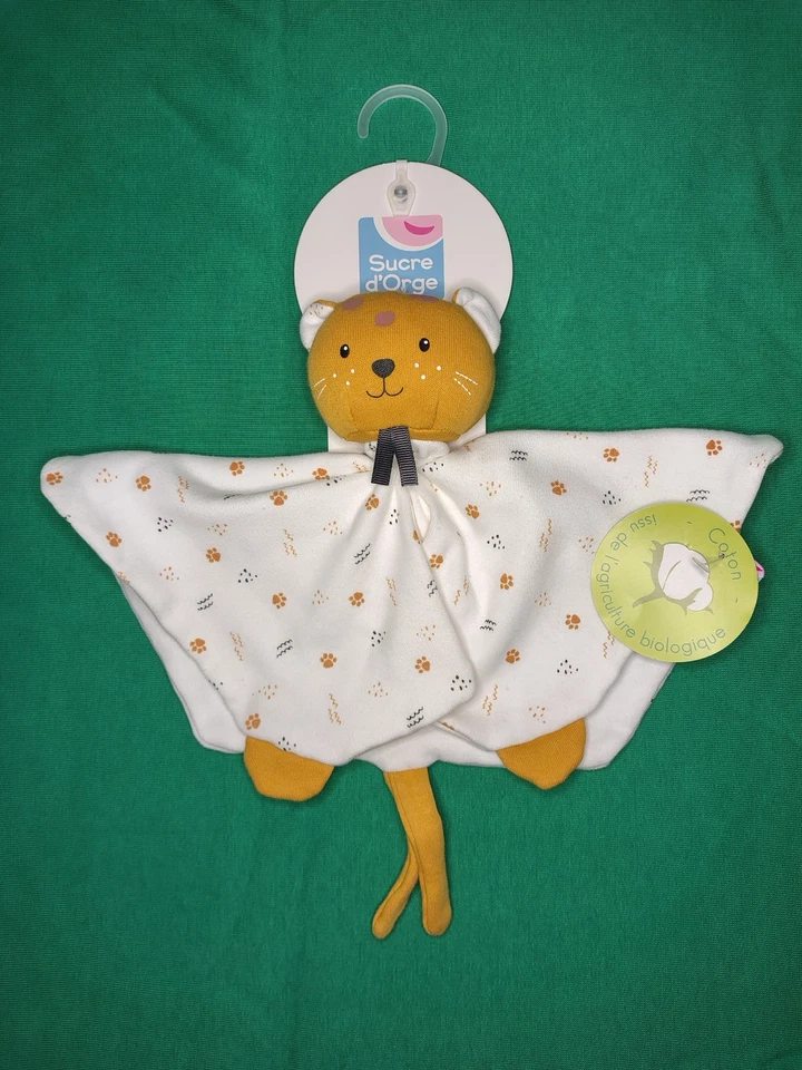 Doudou Plat Chat/Léopard/Tigre Blanc Jaune Coton Bio Attache Tétine Sucre D'orge - Photo 1/1