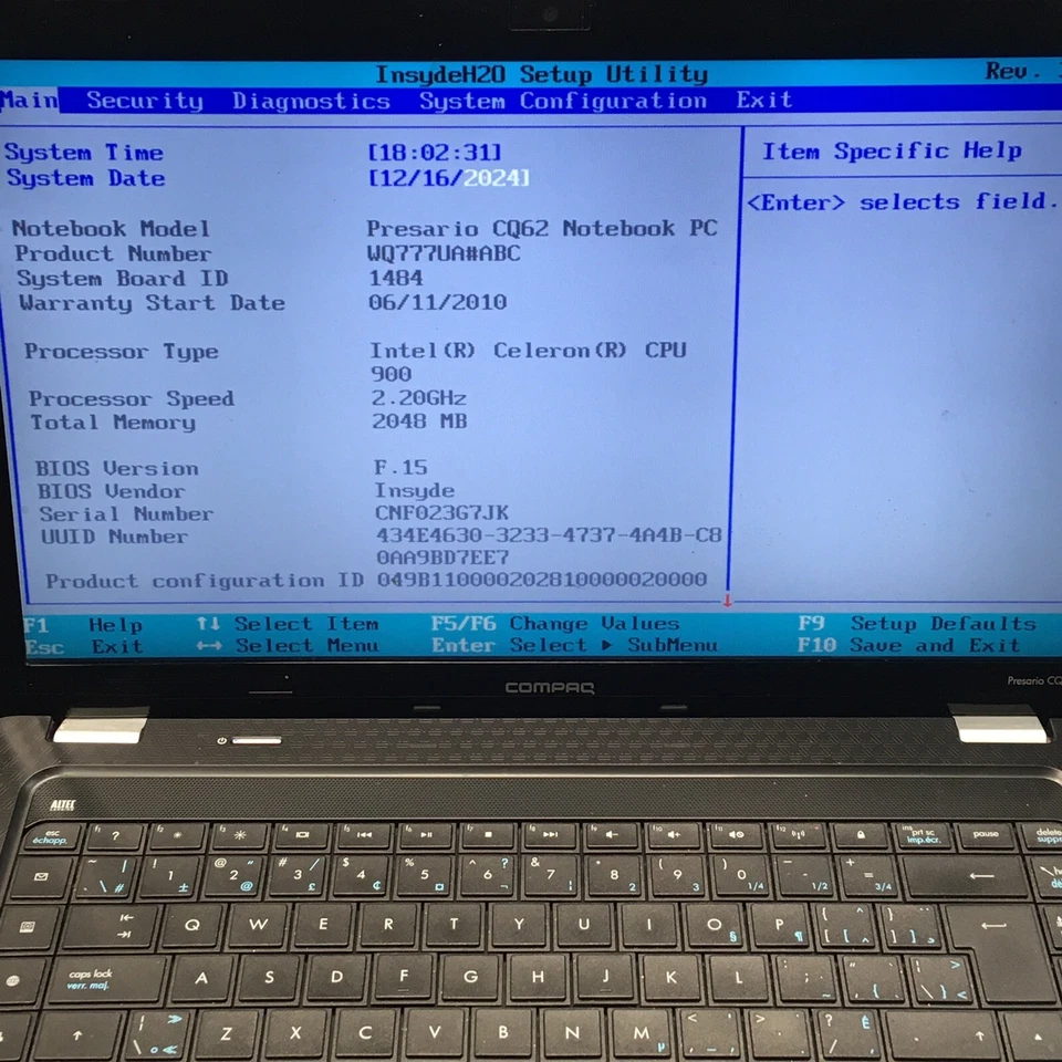 Compaq Presario CQ62 15.6" Celeron CPU 900 2GB RAM Boot/BIOS No HDD/OS H2554 - Image 2 of 4