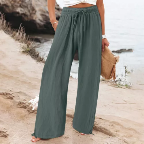Women Loose High Waist Drawstring Cotton Linen Wide Leg Long Pants With Pockets - Picture 14 of 44