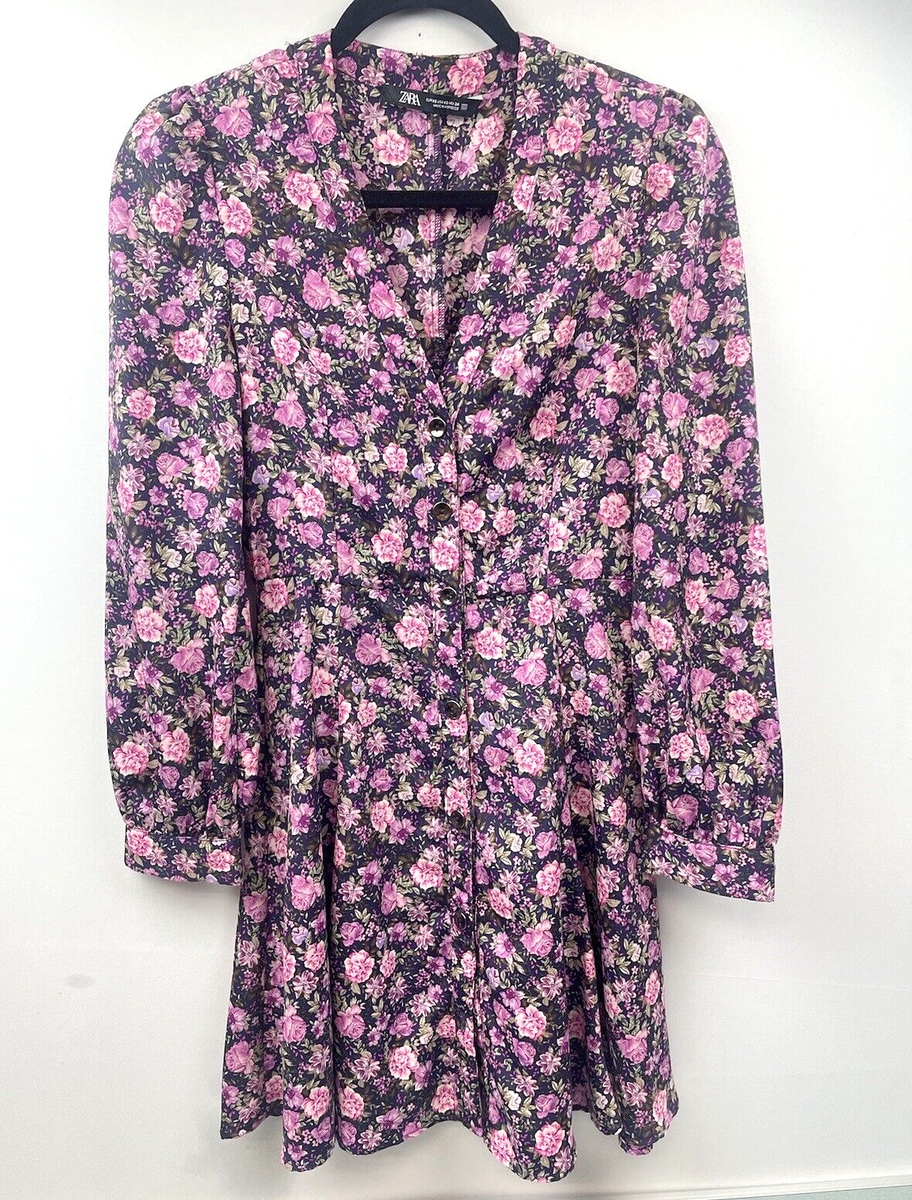 Women's ZARA PINK FLORAL LONG SLEEVE V NECK A-LINE DRESS ZIP XS | eBay