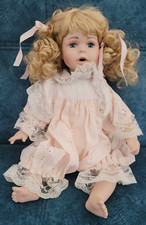 Vtg 14" Doll Porcelain Head, Arms, Feet Cloth Body, Blonde, Blue Eyes-Nice