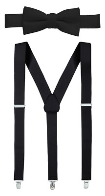 Hold Em 1'' Teens & Men Suspender and Bow Tie Set EXTRA STURDY POLISHED CLIPS, Pr