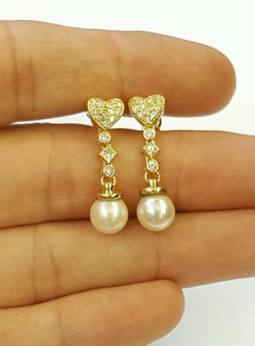 18k yellow gold natural diamond and dangling freshwater white pearl earrings - Picture 1 of 8