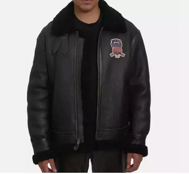 Men’s AVIREX Shearling Bomber Leather Jacket Sheepskin Leather Winter Jacket