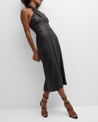 MILLY  Women's Black Raven Faux Leather Halter Neck Midi Dress