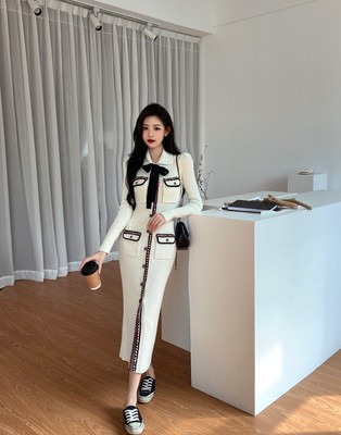 Self Portrait Women Long Sleeved Bow Knitted Long Skirt Dress