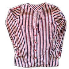 Vintage Handmade Red White Blue Medium Striped Button Down Long 3/4 Sleeve Top