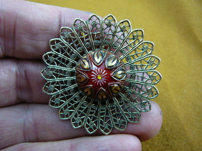 Z18-4) red white gold textured flower Czech glass button filigee