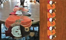 Autumn Harvest PUMPKIN Smiling SCARECROW Embroidered Linen Table RUNNER 69”