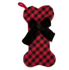 14" Pet Dog Christmas Stocking, Bone Shaped Red Black Buffalo Checkered Plaid