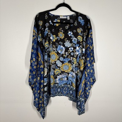 Susan Graver Women 2X Scoop Neck Boho Floral Printed Charmeuse Scarf Top