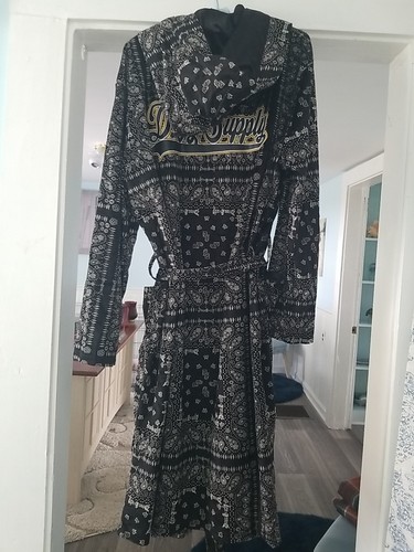 Dogg Supply by Snoop Dogg Lounge Robe Men S Black White Paisley Hood Open Front - Picture 4 of 5