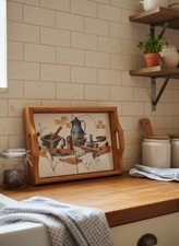 Plateau de Service Vintage en Bois et Carreaux de Faïence décor Cuisine Rétro