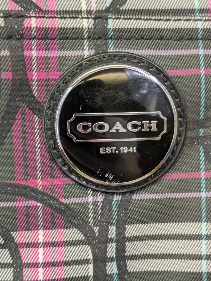 Coach Pink Plaid Nylon Tote Bag w/ Black Leather Trim & Adjustable Strap F17708 - Image 3 of 4