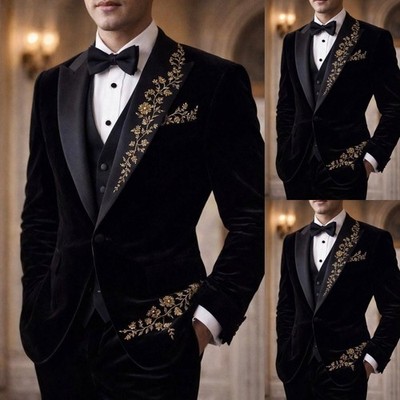 Black Velvet Men's Suits 3Pcs Peak Lapel Coat Gold Embroidery Jacket Tuxedos
