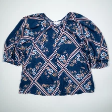Lauren Conrad Navy Floral Peasant Blouse Women’s M Puff Sleeve Boho Top