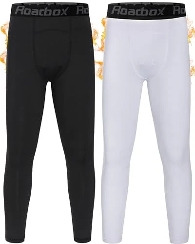  Boys Thermal Pants, 2 Pack Kids Fleece Lined Leggings, Medium Black+white - Image 2 of 4
