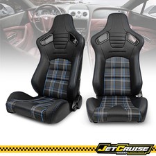 Universal Pair Reclinable Racing Seats Dual Sliders Blue Pu Carbon Leather Plaid
