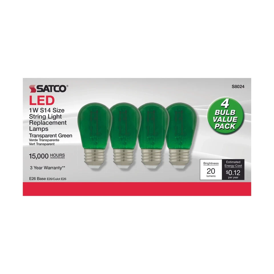 Satco S8022 / 8024  - 1W LED S14 Christmas Color String Light Bulbs (2) 4 Packs - Image 3 of 4