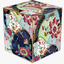 MARYE-KELLEY,  "TOBACCO LEAF" CUBED TISSUE BOX COVER, GOLD TRIM,  NEW