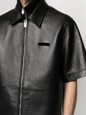 Men's & boys black double collared leather t-shirt. Real Soft Sheepskin leather.