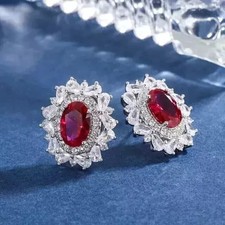 2.50Ct Oval Cut Lab-Created Red Ruby Halo Stud Earrings 14k White Gold Plated