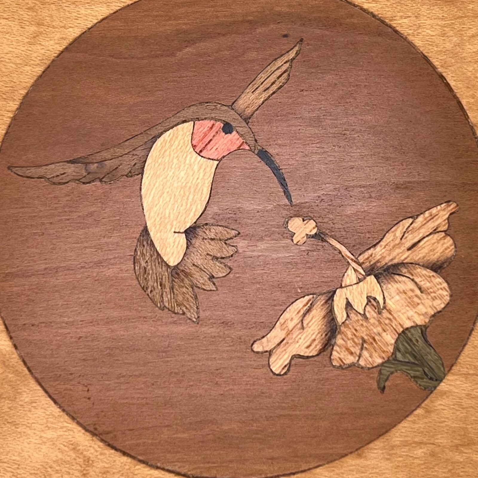 Marquetry Wood Inlay Hummingbird Bird Flower Signed Walter Weiss Framed 8"