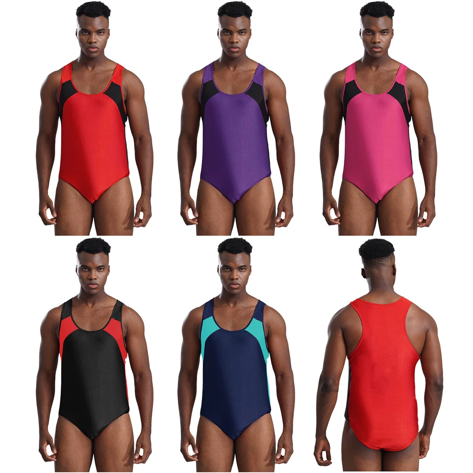 Men's Sleeveless U Neck Leotard Bodysuit Wrestling Singlet Swimming Jockstrap - Image 3 of 4