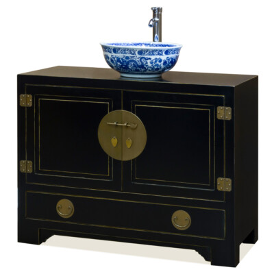 US Seller - Distressed Black Elmwood Chinese Ming Vanity Cabinet
