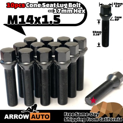 10x Black 14x1.5 Lug Bolt 55mm Fit C300/GLA250&MB AfterMarketRim 25-30mm Spacer