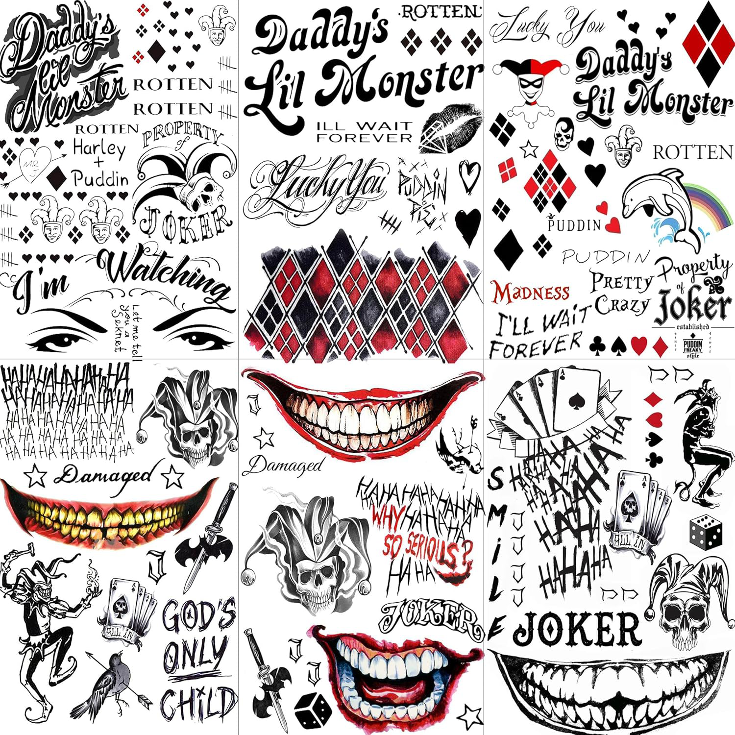 6 Sheets 3D Joker Tattoos Stickers, Halloween Damaged Joker Temporary Tattoos F