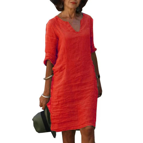 Women Short Sleeve Cotton Linen Midi Dress Ladies Solid V Neck Loose Sundress US - Bild 11 von 40