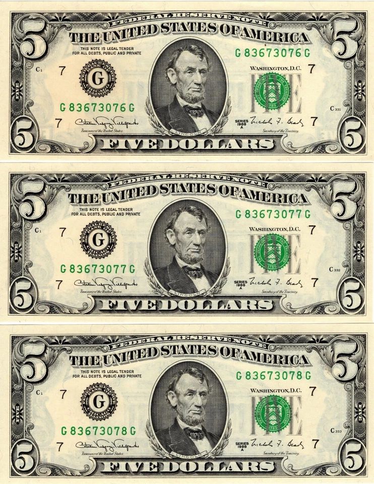 USA 1988 A $5.00 FEDERAL BANK OF CHICAGO, ILLINOIS 5 CONSECUTIVE BANK NOTES UNC - Image 3 of 4